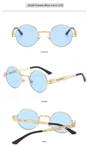 Steampunk round sunglasses with gold metal frame and light blue lenses in 3 views
