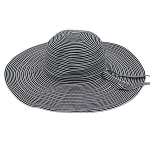 Women's wide brim sun hat with classic black and white stripes and ribbon tie