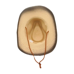 Light brown woven bohemian straw hat with gradient brim and adjustable chin strap