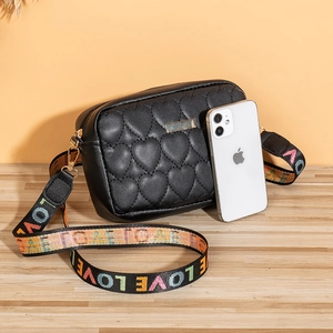 Women's heart quilted crossbody camera bag with colorful LOVE wide strap in black finish