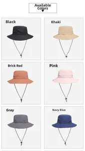 Detailed grid showing six waterproof outdoor sun hats in various colors with windproof cords