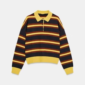 Women Striped Polo Knit Sweater Long Sleeve Polyester Contrast Color Retro Casual Loose Fit Pullover Top