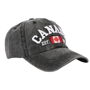 Detailed embroidery of Canada text and EST. 1867 on washed grey cotton baseball cap