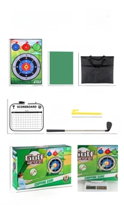 Detalles del juego de golf con alfombra de tiro, bolas y dimensiones del marcador