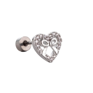 Silver titanium steel heart and bow stud earring with sparkling zircon stones