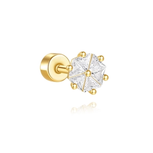 Close-up of gold geometric stud earring with clear zircon and flat screw back closure