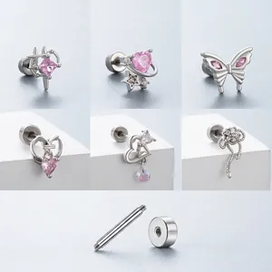 Edelstahl Knorpel Ohrstecker Rosa Zirkon Herz Schmetterling Blume Planet Schraubverschluss Piercing Schmuck Für Damen