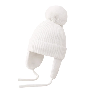 Bonnet blanc tricoté pour enfants avec cache-oreilles, gros pompon et attaches douces