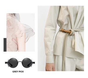 Close-up collage of black round punk sunglasses with rope belt and pink pleated detail