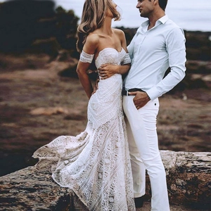 Abito Da Sposa In Pizzo Spalle Scoperte Scollo A Cuore Slim Fit Abito Bohemien Spacco Strascico Lungo Elegante Per Donna