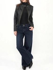 Urban chic black high neck knit top paired with a leather jacket and wide-leg jeans