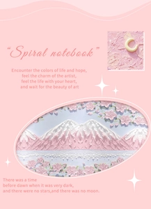 Detail of A5 spiral notebook cover featuring a 3D embossed pink Fuji mountain oil painting
