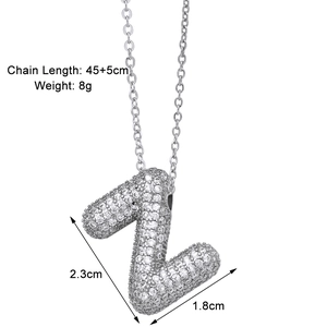 Detail view of silver letter Z pendant with cubic zirconia and exact size measurements