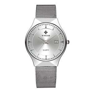 Silver men's quartz watch with stainless steel mesh strap and date calendar window