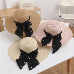 Wide Brim Straw Hat For Women Sun Protection Beach Ribbon Bow With Artificial Pearl Decor Summer Foldable Breathable Elegant