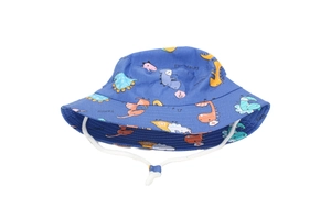 Detail of navy blue kids bucket hat with colorful dinosaur prints and adjustable drawstring