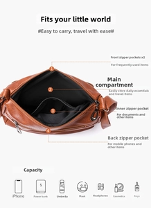 Detail view of brown soft leather crossbody bag showing multiple organized compartments
