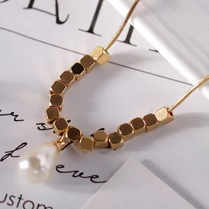 Titanium steel snake chain necklace with gold square beads and white teardrop pearl pendant