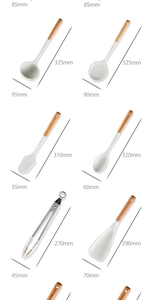 Detailed dimensions of 12pcs white silicone kitchen utensils with wooden handles