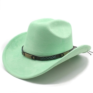 Detailed view of mint green suede cowboy hat with vintage rivet leather band