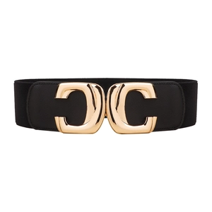 Elastic wide black belt with a golden double C metal buckle for dresses and coats