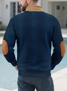 Men's navy long sleeve sweatshirt featuring khaki patchwork on elbows and collar back