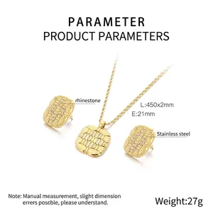 Detail showing 18K gold plated stainless steel jewelry set with twisted texture and rhinestones