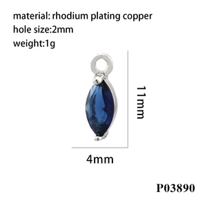 Macro detail of blue zircon marquise pendant in rhodium plated copper with size specs