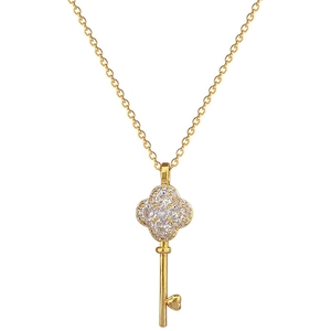 Luxurious gold clover key necklace with sparkling crystals and heart-shaped pendant detail