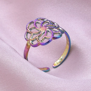 Détail macro de la bague en acier arc-en-ciel avec motif floral géométrique ajouré