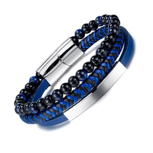 Men's multi-layer black bead and blue braided leather bracelet with silver magnetic clasp