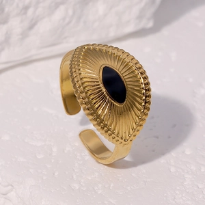 Bague ouverte en acier inoxydable plaqué or 18k avec motif soleil ovale noir