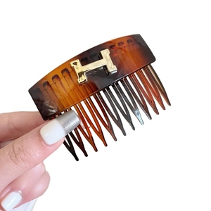 Vintage tortoiseshell acetate H-shape hair comb with elegant gold metal accent