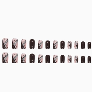 Nude and coffee geometric press-on nail set with silver glitter and linear art