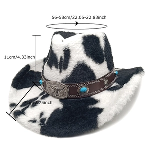 Cow print faux fur western cowboy hat with turquoise bull head buckle and size markings