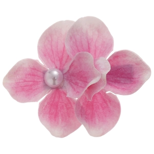 Pink satin flower hair clip with a faux pearl center for a sweet summer vacation style