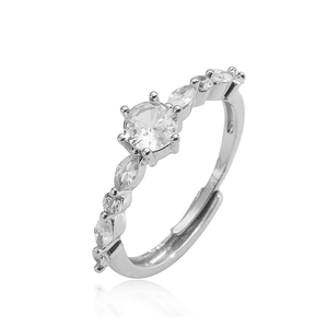 Detailed close-up of V-shaped silver ring with pearl and marquise cubic zirconia