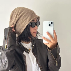 Unisex breathable 100% linen slouchy beanie in light brown with stylish knitted texture