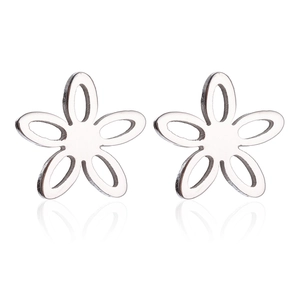 Detail view of hollow five-petal flower stud earrings in polished silver stainless steel