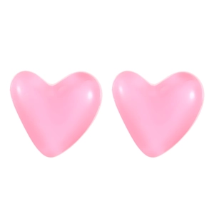 Detailed view of pink heart-shaped resin stud earrings with glossy jelly texture finish