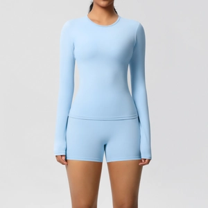 Sky blue long-sleeve yoga set with high-waist shorts for women running and fitness