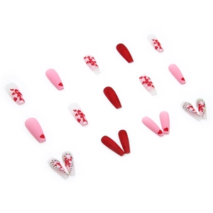 Valentine's long coffin press-on nails with red heart designs and sparkling rhinestone details