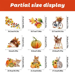 Size chart for Thanksgiving window decals featuring turkey and maple leaf dimensions