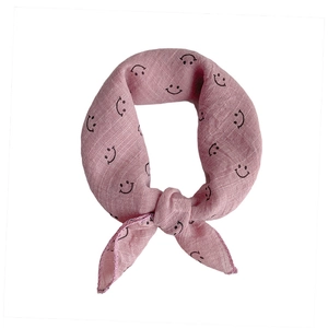 Soft pink cotton linen baby triangle scarf with smiley face pattern for kids