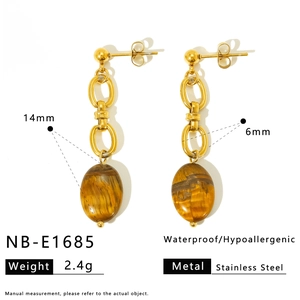 Tiger eye stone earrings in gold stainless steel with detailed product measurements