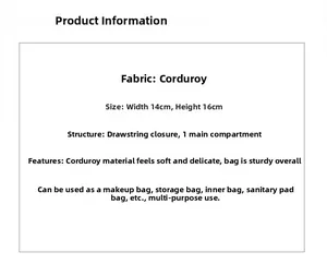 Corduroy drawstring storage bag detail showing dimensions 14x16cm and soft fabric texture
