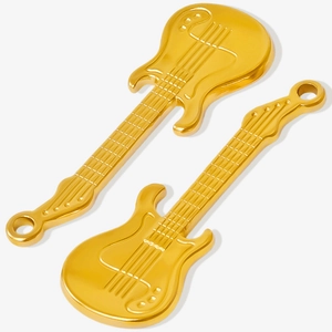 Detailed close-up of two golden guitar-shaped 304 stainless steel pendants for necklaces