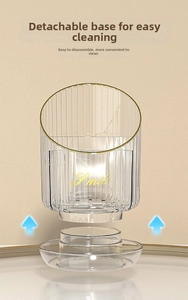 Detail showing detachable base and fluted design of the transparent makeup brush holder