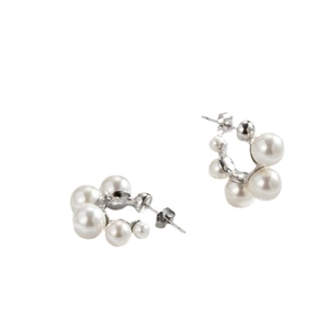 Elegant C-shaped pearl earrings with silver bow knot and drop design for women