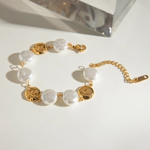 Stainless Steel Bracelet With Artificial Baroque Pearls And Irregular Gold Disks Vintage Minimalist Adjustable Jewelry For Women